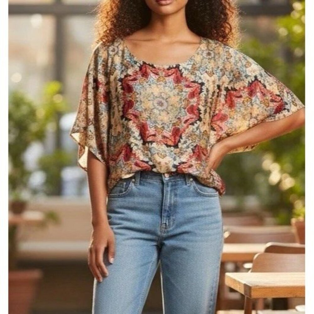 KAS x Anthropologie Sz 4 Multicolor Floral Dolman 1/2 Sleeve Satin Top